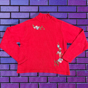Red 90s Embroidered Sweater